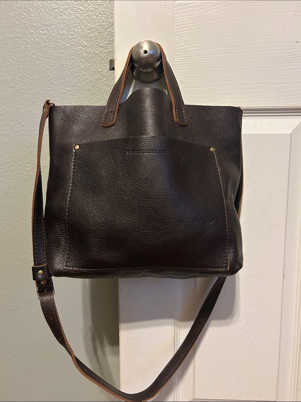 Portland Leather tote bag with strap. Dark brown